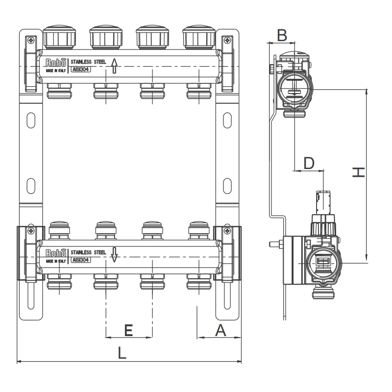 Колектор на 2 контури Roho R805-02 - 1" з  термостатичними та запірними клапанами  