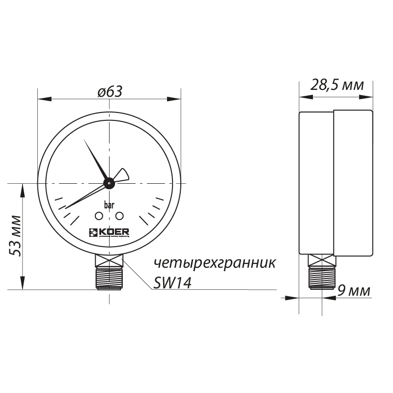 Манометр радиальный KOER KM.621R (0-4 bar), D 63мм, 1/4''-1/2''