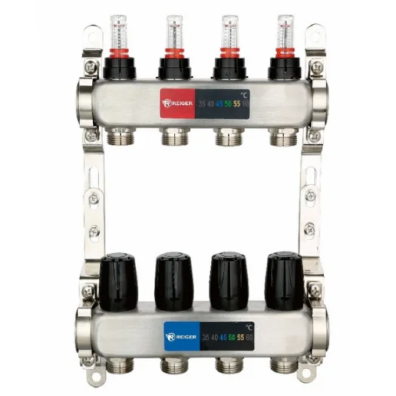 Колектор на 2 контурів Reiger 1"х3/4" з витратомірами, нержавіюча сталь
