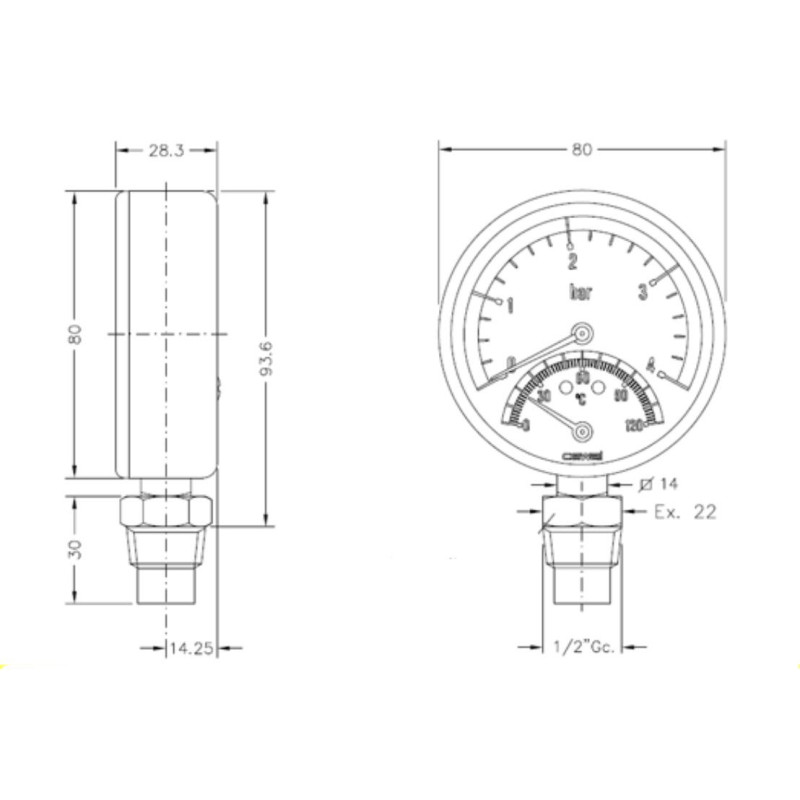 Термоманометр Cewal TRR 80 VI радіальний 80 мм - 4 бар (1/2")