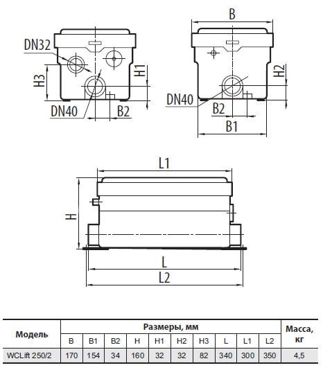Розміри Каналізаційна установка SPRUT WCLIFT 250/2:
