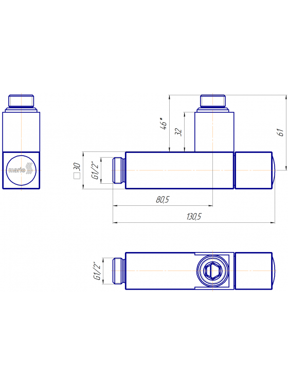 Габаритные размеры Угловой кран Mario G1/2 квадратный корпус    