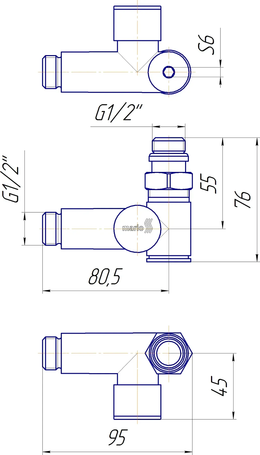 Габаритні розміри Кран кутовий MARIO під ТЕН білий глянець