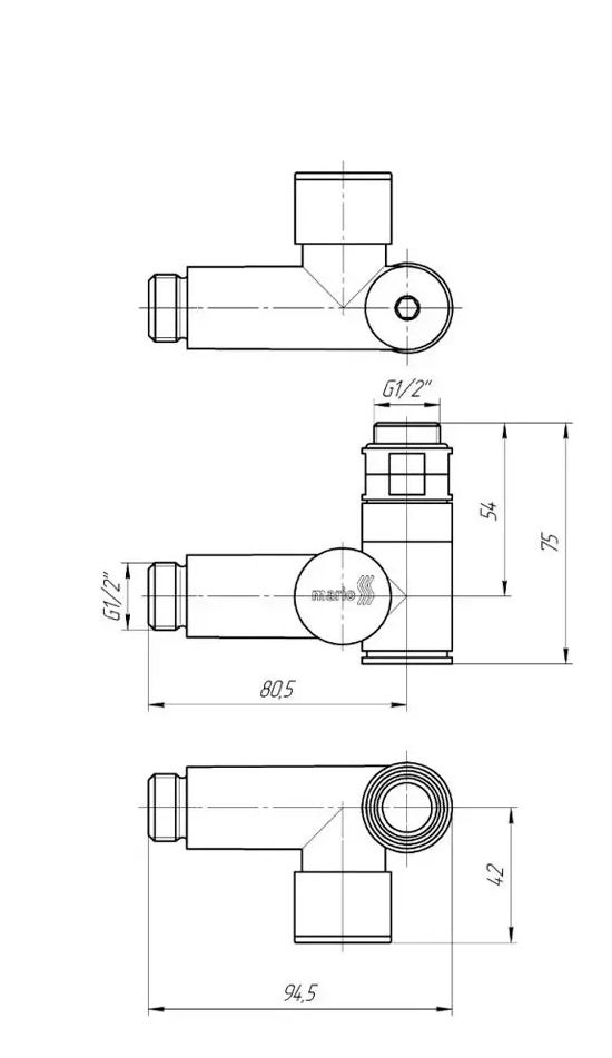 Габаритные размеры Кран угловой MARIO PVD под ТЭН золото