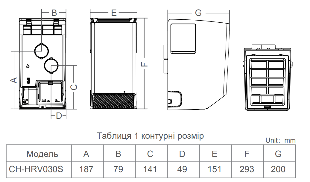 Габаритні розміри Модуль подачі свіжого повітря Cooper&Hunter Nature FRESH AIR KIT CH-HRV030S-WP