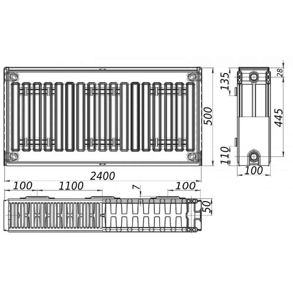 Розміри Радіатор сталевий панельний KALITE 22 бок 500х2400