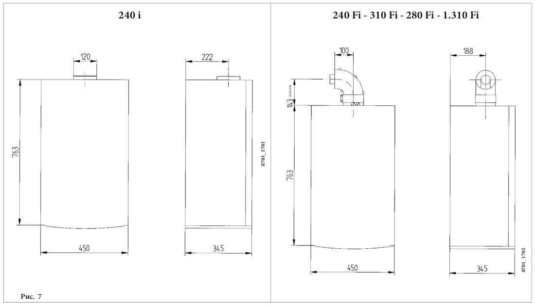 Габаритні розміри Газовий котел Baxi LUNA3 240i двоконтурний, димохідний 