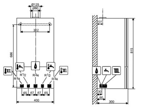 Габаритні розміри Газовий котел Buderus Logamax plus GB062-24 KD G20 двоконтурний конденсаційний  