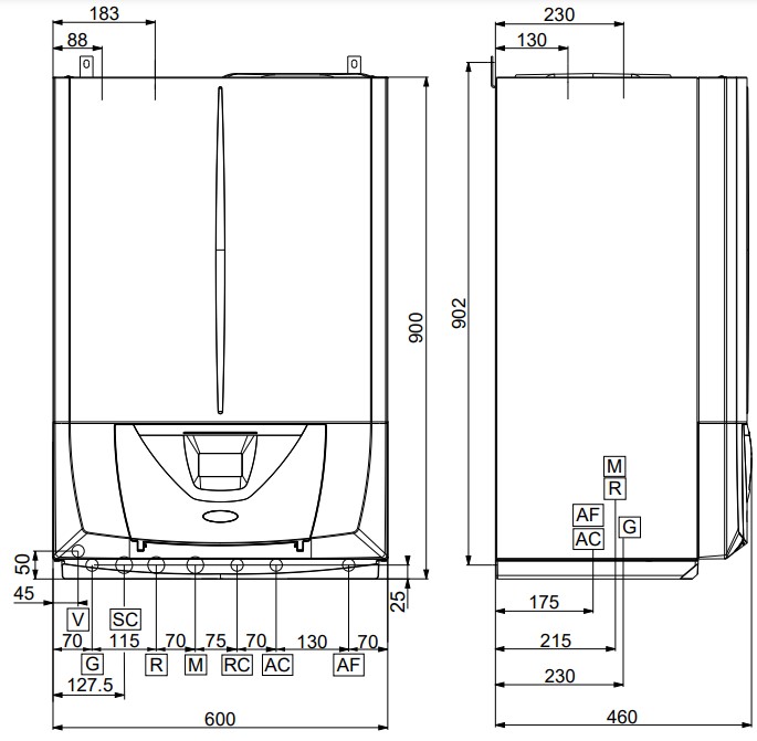 Розміри Газовий котел Immergas VICTRIX ZEUS SUPERIOR 25 двоконтурний конденсаційний 