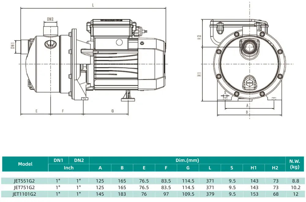 Розміри Насос відцентровий SHIMGE JET1101G2 0,75кВт, Нmax=48м, Qmax=90л/хв 