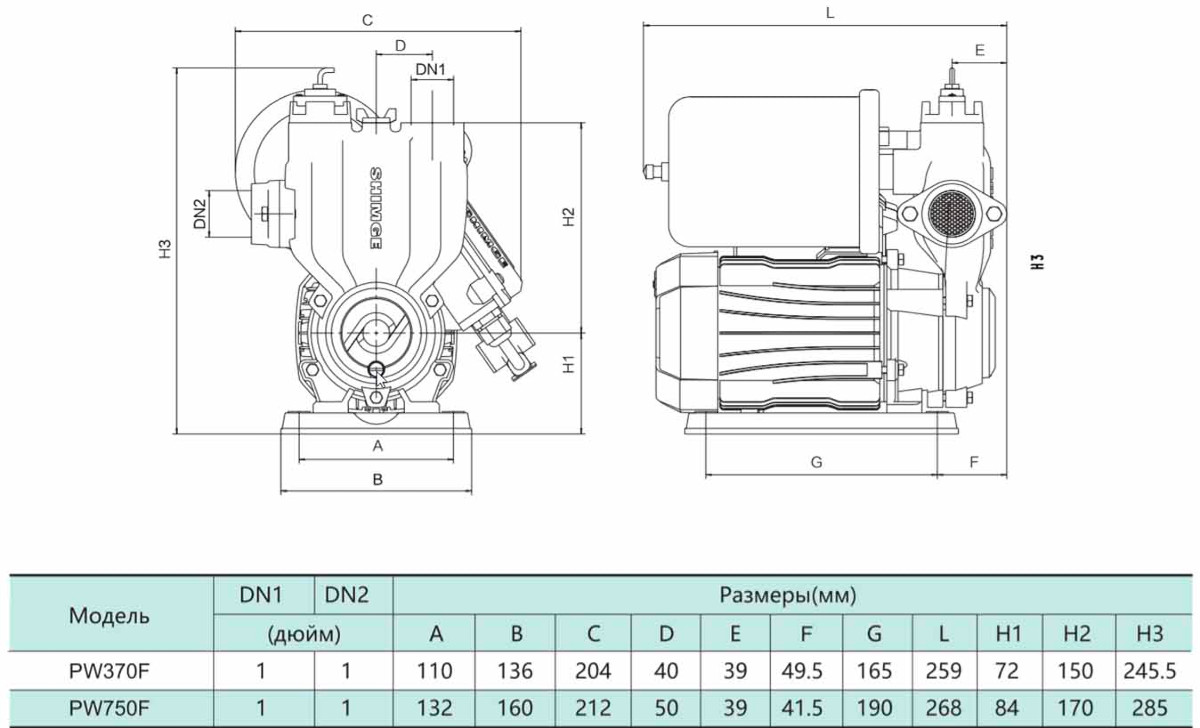 Габаритные размеры Насосная станция SHIMGE PW 750F (0.75 кВт, Hmax 50 м, Qmax 56 лмин)