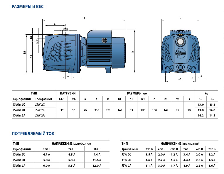 Габаритні розміри насоса Pedrollo JSWm 2CX