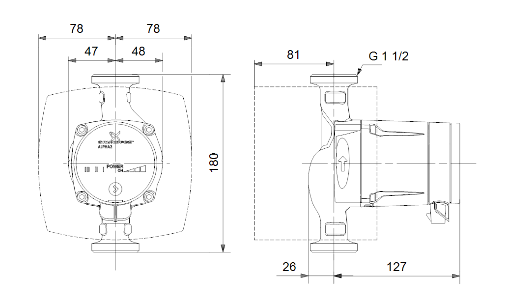 Габаритні розміри Grundfos ALPHA2 L 25-40 180