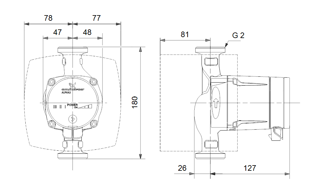 Габаритні розміри Grundfos ALPHA2 L 32-40 180