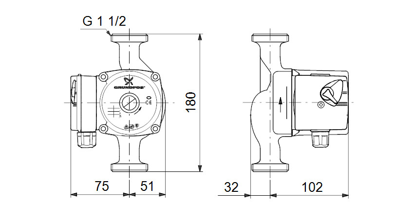 Габаритні розміри Grundfos UPS 25-60 180