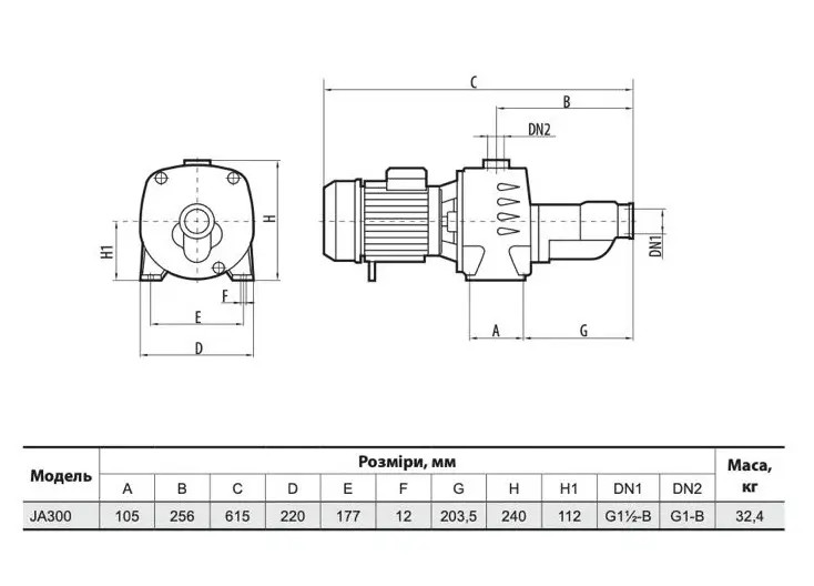 Габаритні розміри Насос NPO JA 300 поверхневий самовсмоктуючий