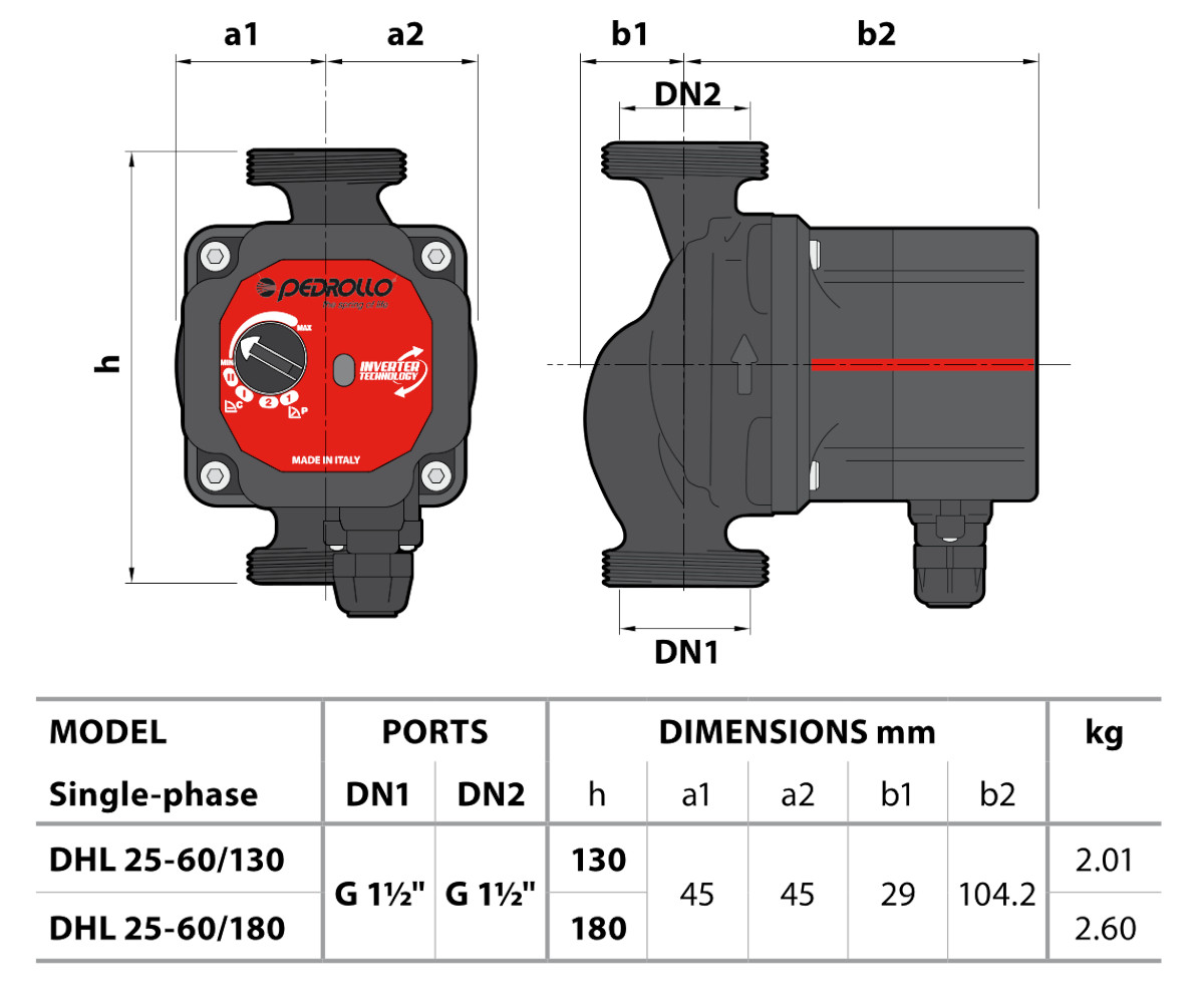 Габаритные размеры Циркуляционный насос Pedrollo DHL 25-60/180