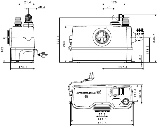 Габаритні розміри Каналізаційна установка Grundfos Sololift2 WC-1 (97775314)