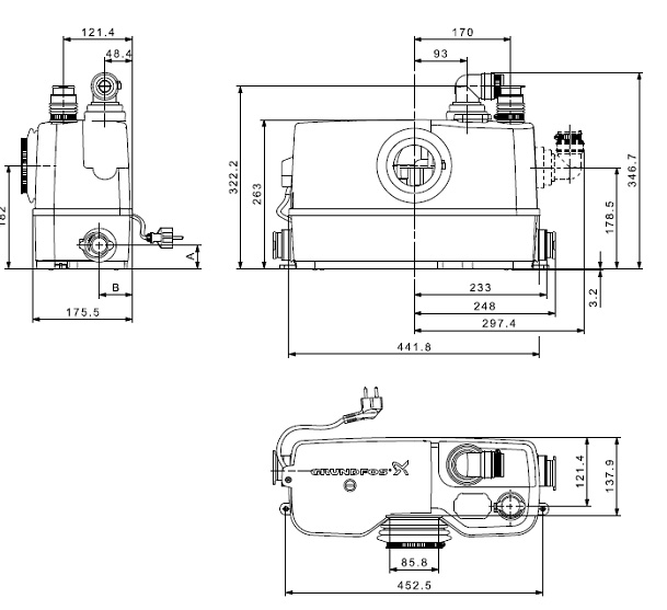 Габаритные размеры Канализационная установка Grundfos Sololift2 WC-3 (97775315)