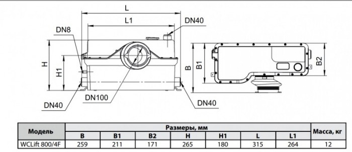 Габарити Каналізаційна установка VOLKS pumpe WC 250