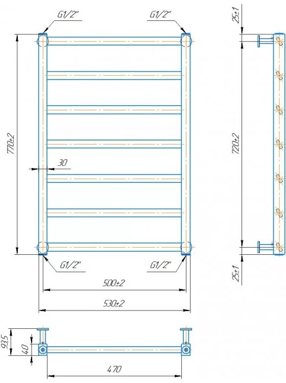 Габаритные размеры Полотенцесушитель Mario Денвер 770х530/500 водяная 