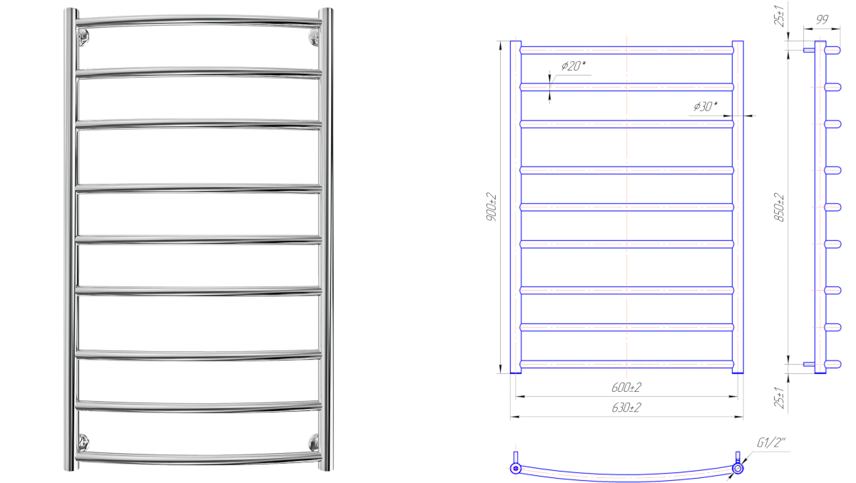 Габаритні розміри Сушка для рушників Mario Класік 900x630/600