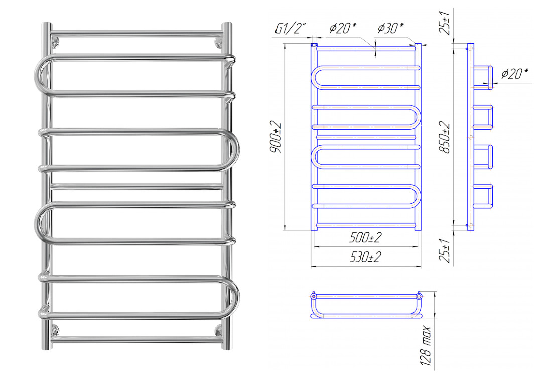 Габаритні розміри водяний сушка для рушників Mario Ніцца 900х530/500 (1.1.4301.01.P)