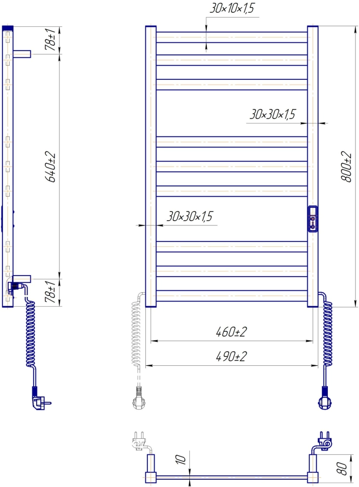 Габаритні розміри Рушникосушка електрична Mario Чикаго-І 800х500/80 TR K чорний мат