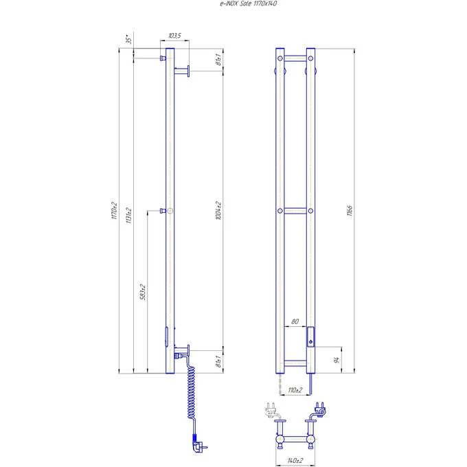 Габаритні розміри Рушникосушка електрична Mario e-INOX Соле 1170х140 TR 2.0 K  