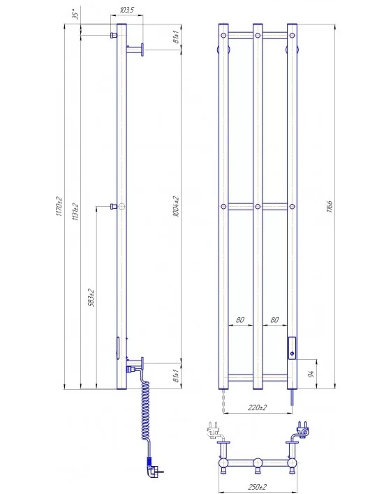 Габаритные размеры Полотенцесушитель электрический Mario e-INOX Соле 1170х250 TR 2.0 K  