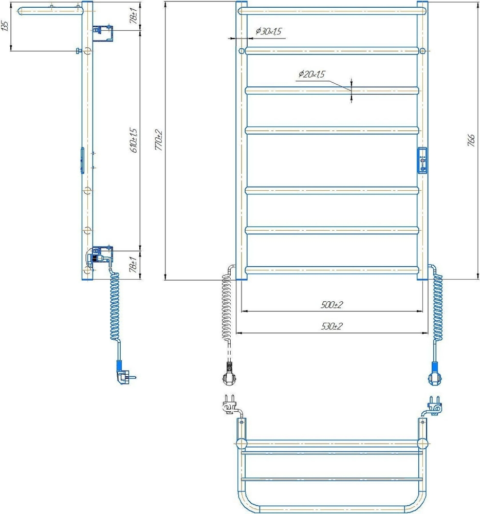 Габаритні розміри Рушникосушка електрична Mario Home-І 770х530/240 TR К