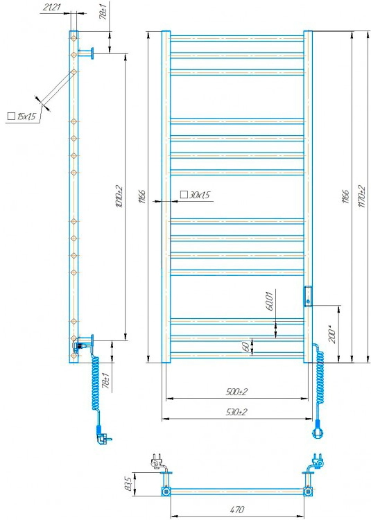 Габаритные размеры Полотенцесушитель электрический Mario Киото-I 1170х530/80 TR К 2.0  