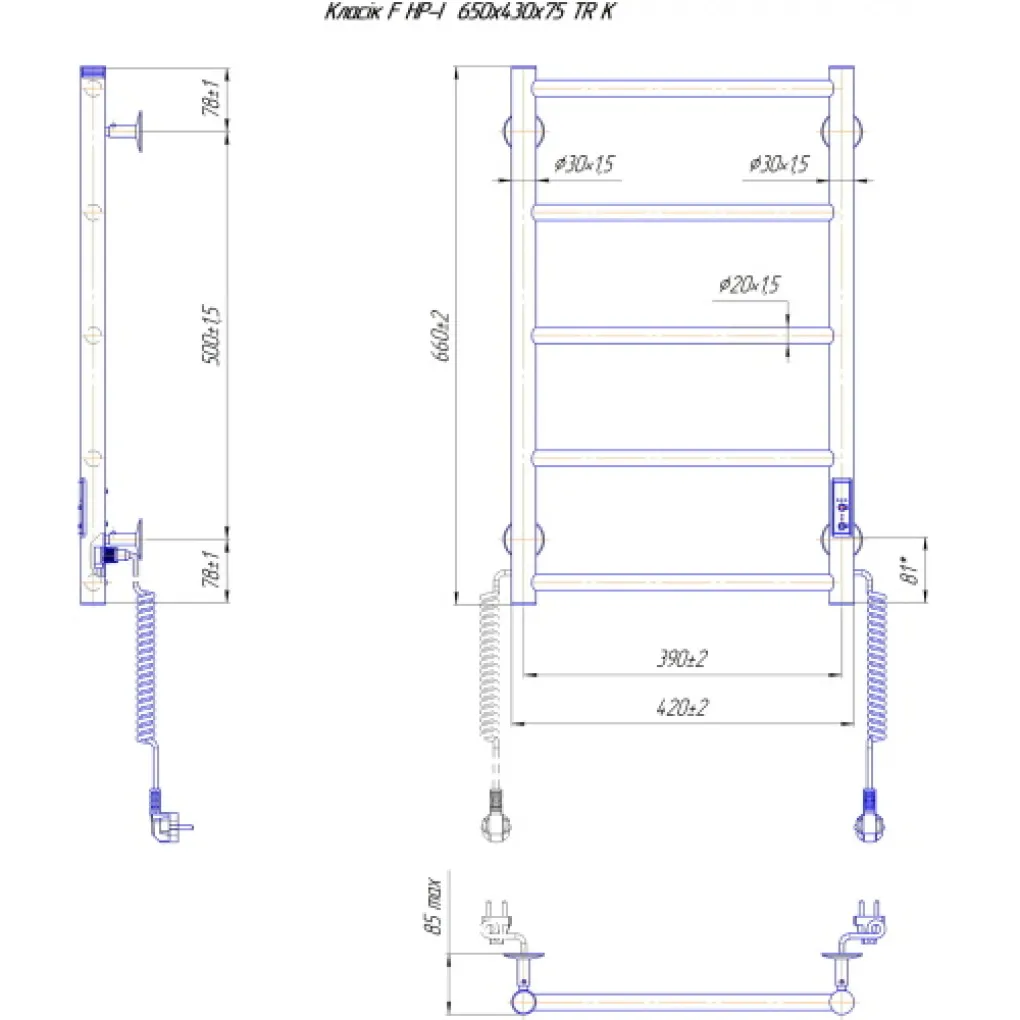 Габаритные размеры Полотенцесушитель электрический Mario Классик F НР-I 800х430/75 TR K белый глянец