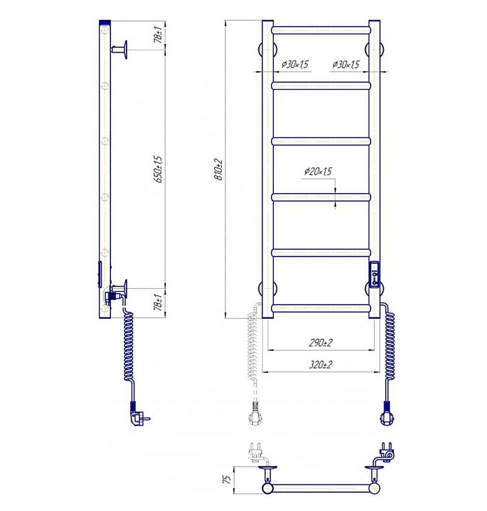 Габаритные размеры Полотенцесушитель электрический Mario Классик F НР-I 800х330/75 TR K белый глянец