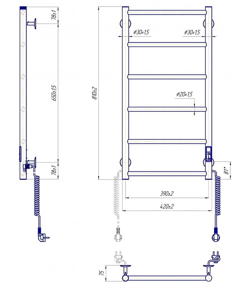 Габаритні розміри Рушникосушка електрична Mario Класік F НР-I 800х430/75 TR K чорний мат
