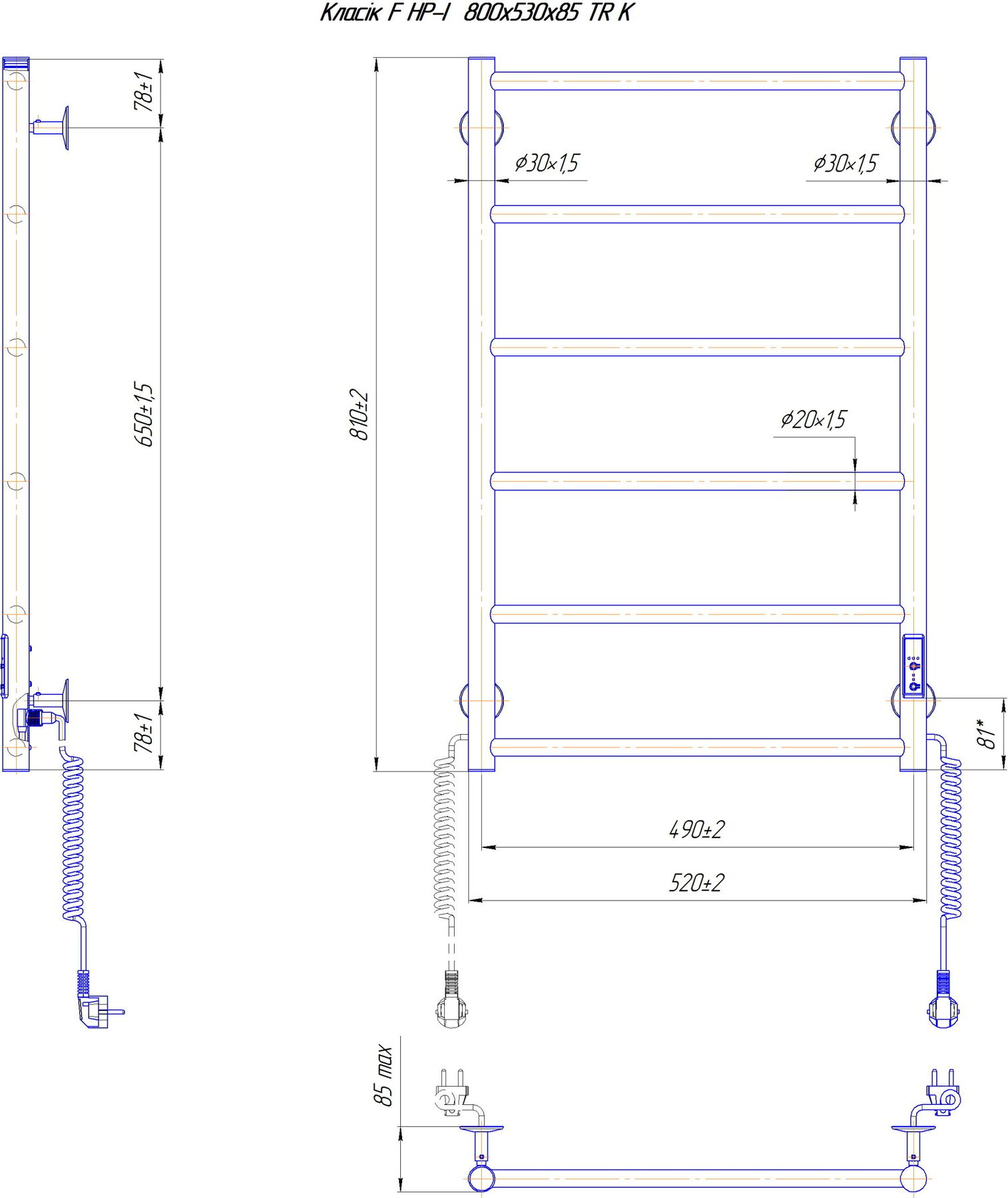 Габаритные размеры Полотенцесушитель электрический Mario Классик F НР-I 800х530/75 TR K белый глянец