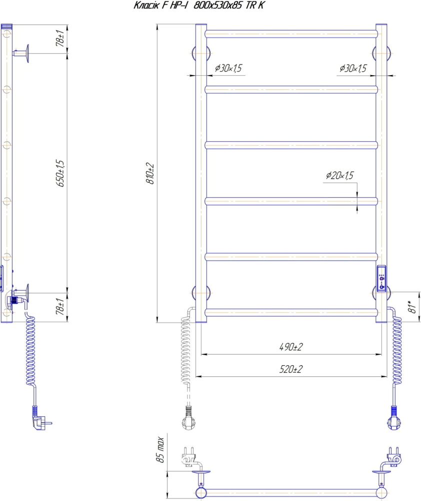 Габаритні розміри Рушникосушка електрична Рушникосушка електрична Mario Класік F НР-I 800х530/75 TR K чорний мат