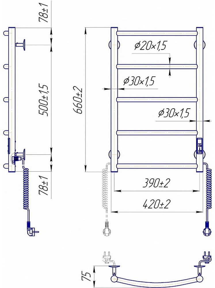 Габаритні розміри Рушникосушка електрична Mario Класік НР-I 650х430/75 TR К білий глянець