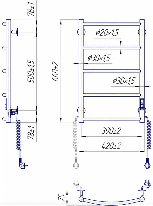 Габаритні розміри Рушникосушка електрична Mario Класік НР-I 650х430/75 TR К чорний мат
