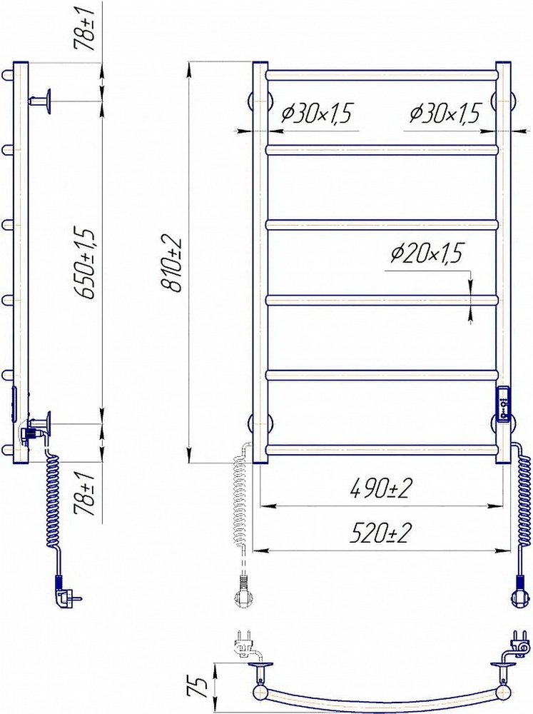 Габаритні розміри Рушникосушка електрична Mario Класік НР-І 800х530/85 TR К білий глянець
