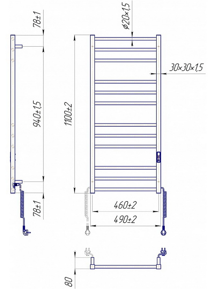Габаритні розміри Рушникосушка електрична Mario Преміум Класік-I 1100х500/80 TR К білий глянець 