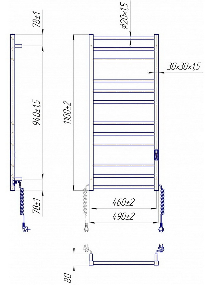 Габаритні розміри Рушникосушка електрична Mario  Преміум Класік-I 1100х500/80 TR К чорний мат