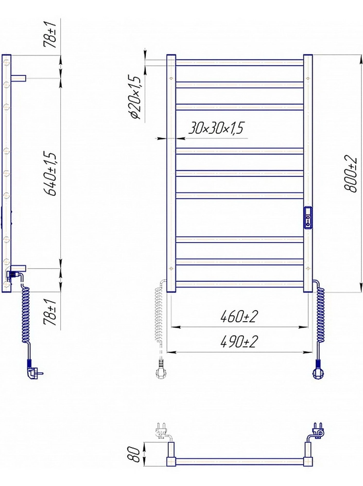 Габаритні розміри Рушникосушка електрична Mario Преміум Класік-I 800х500/80 TR К чорний мат