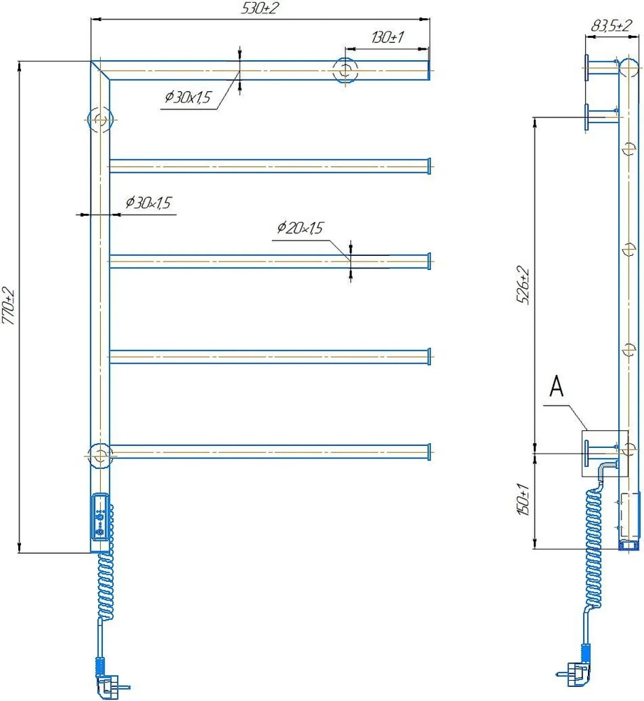 Габаритні розміри Рушникосушка електрична Mario Romeo-І 770х530/80 ТR ліве підключення 