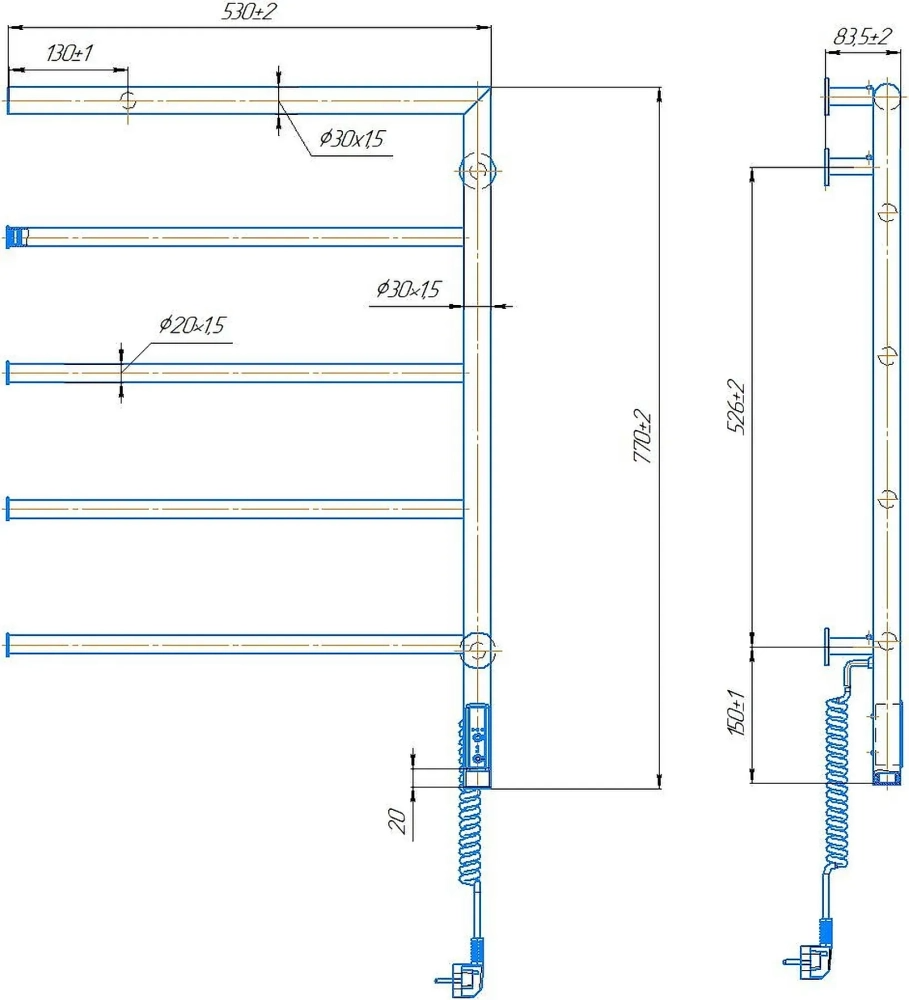 Габаритні розміри Рушникосушка електрична Mario Romeo-І 770х530/80 ТR праве підключення 