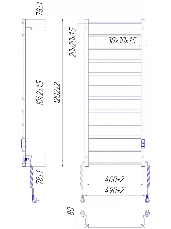 Габаритні розміри Рушникосушка електрична Mario Токіо-I 1200х500/80 TR К чорний мат