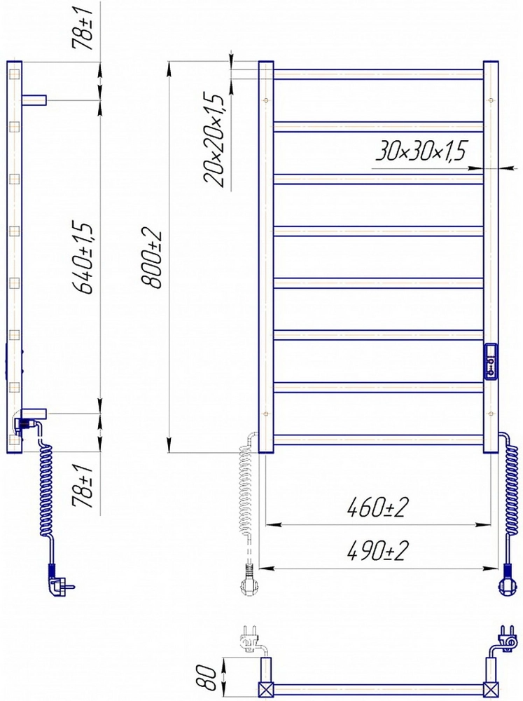 Габаритные размеры Полотенцесушитель электрический Mario Токио-I 800х500/80 TR К белый глянец