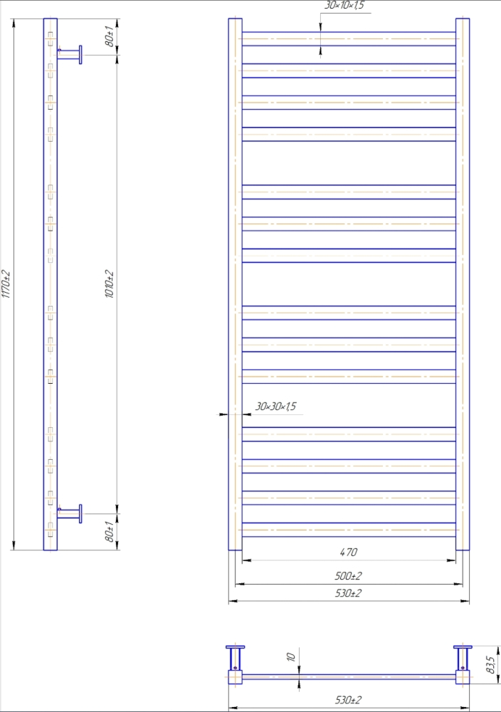 Габаритні розміри Рушникосушка водяна Mario INOX Чикаго 1170х530/500