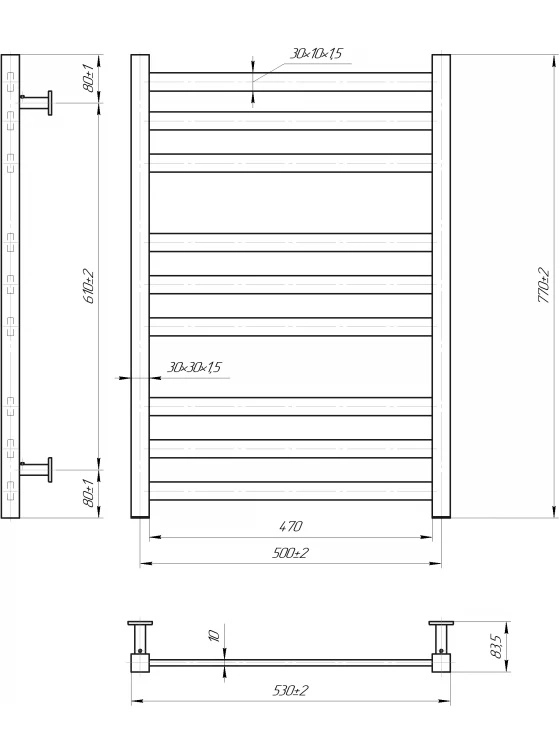 Габаритные размеры Полотенцесушитель водяной Mario INOX Чикаго 770х530/500