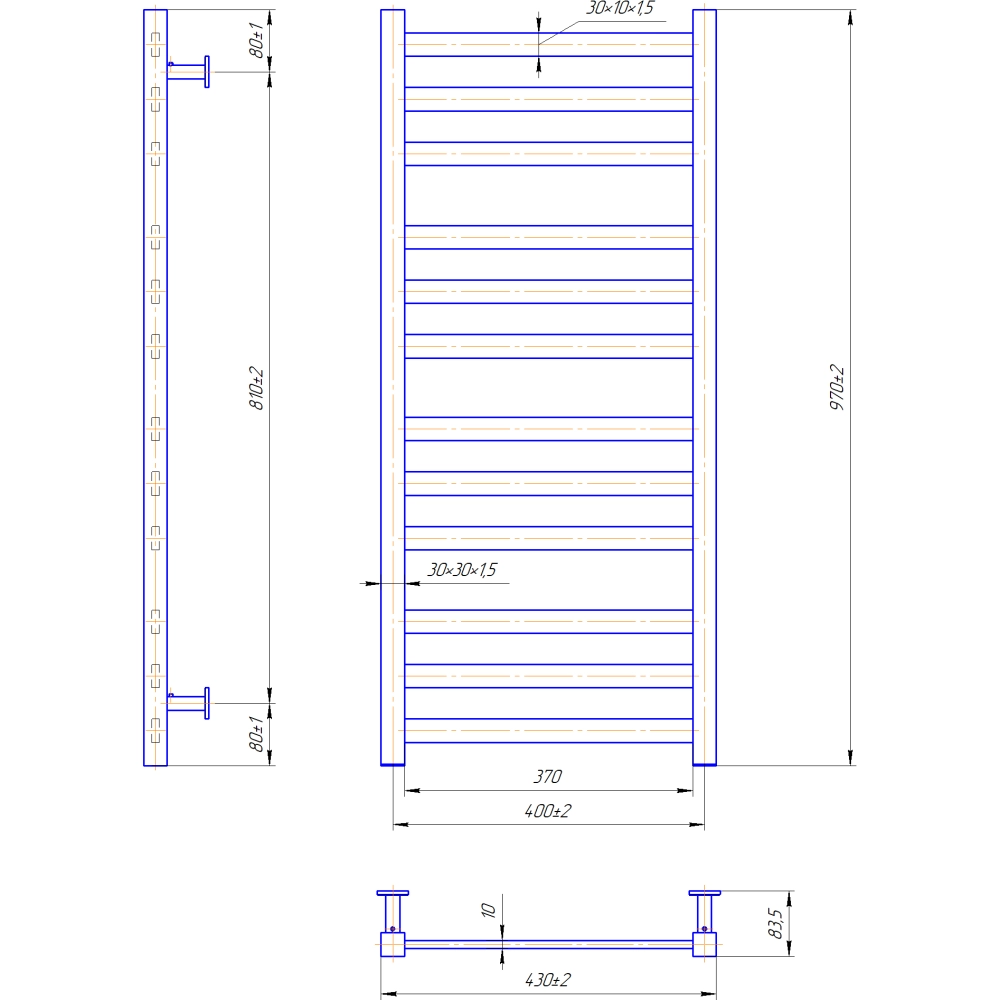 Габаритні розміри Рушникосушка водяна Mario INOX Чикаго 970х430/400